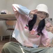 2022秋季韩系甜美减龄短款圆领针织毛衣女宽松小个子可爱粉色上衣