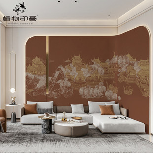 新中式大气清明上河图电视背景墙壁布，壁纸玄关装饰环保无纺布壁画