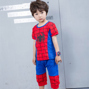 男童夏装套装蜘蛛侠童装超人短袖，薄款纯棉薄款儿童奥特曼衣服