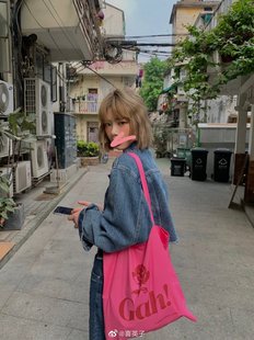 Youngforever韩国碎花Gah粉色枚红色玫瑰ins薄款帆布包布袋购物袋