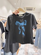 韩国东大门2024春夏设计感蝴蝶结印花减龄圆领短款短袖T恤女