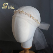 珍珠发带网纱长款头纱带新娘，结婚写真韩式造型影楼表演头饰