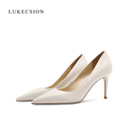 LUKECSION米白色高跟鞋女夏季牛胎皮尖头细跟单鞋软皮职业工作鞋