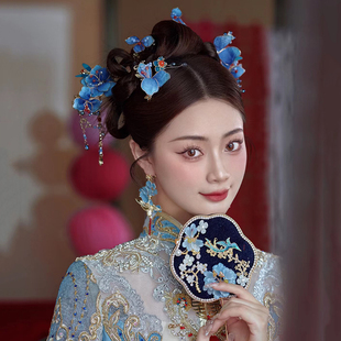 新颖中式复古汉服头饰传统婚礼，新娘秀禾古装景泰蓝色，发饰套装品