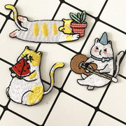 猫咪西瓜衣服装饰贴布贴花全刺绣卡通动物吉他猫咪花盆