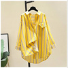 好货黄色条纹衬衫女2023春季韩版蝙蝠袖中长款衬衣设计感外套