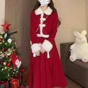 流行本命年红色两件套装裙女春秋，冬季新年战袍毛毛领(毛毛领)外套半身裙子