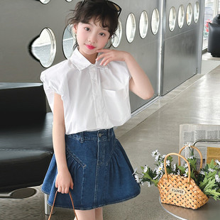 女童夏装套装2024洋气儿童韩版时尚牛仔短裙短袖衬衫两件套潮