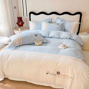 四季通用纯棉拼色床单，款四件套全棉，刺绣简约纯色床笠床上用品双人