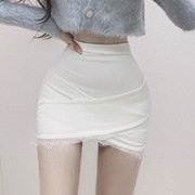 韩国东大门舒适性感蕾丝，边拼接白色，显瘦高腰包臀半身裙短裙女