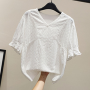白色衬衫女短袖2023夏季镂空刺绣花蕾丝，衬衣v领宽松纯棉上衣