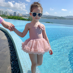 儿童泳衣2023韩版女童连体公主裙中小童粉色纱裙可爱吊带泳装
