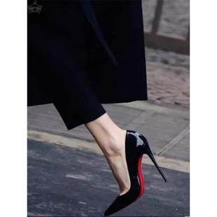 红色底高跟鞋女浅口黑色，性感细跟2024尖头，高级感裸色漆皮单鞋
