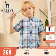 hazzys哈吉斯(哈吉斯)童装，男童短袖夏季中大童格子翻领棉质衬衫