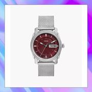fossil化石fs6014欧美手表，男酒红色时尚编织钢带腕表