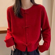欧货全羊毛衫红色小开衫新中式蝴蝶结扣圆领秋冬毛衣上衣女士