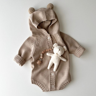 婴儿秋冬款可爱长袖针织，哈衣爬服男女宝宝小熊，毛线连体衣毛衣外套