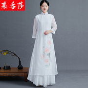 中国风禅服女中式禅意，茶服改良古风汉服，仙气白色雪纺连衣裙两件套