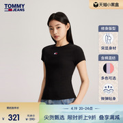 弹力修身tommy24春夏女螺纹刺绣打底针织，短袖上衣17881