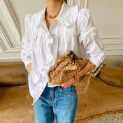 春季白色法式衬衫欧美外贸跨境女装长袖衬衣，欧货上衣泡泡袖娃娃领