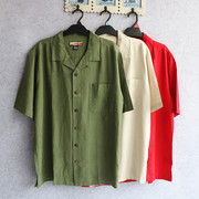 出口单夏季(单夏季)男夏威夷风印真丝衬衫，古巴领开衩薄款大码蚕丝短袖衬衣