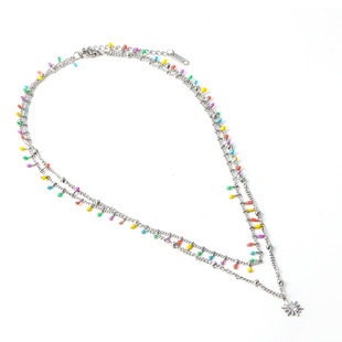 七彩太阳巴黎糖果色设计项链双层叠戴钛钢银色波西米亚锁骨链