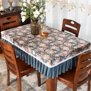 田园蓝色碎花防水布艺长方形餐桌布台布四方形八仙桌防尘布可定制
