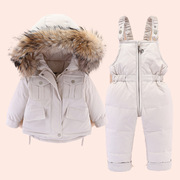 日本2023冬季儿童羽绒服男童宝宝套装大毛领两件套连体裤