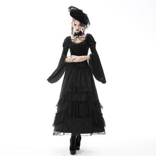 欧美个性原创复古小众黑色哥特式优雅褶边蕾丝长裙