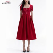 24春夏红色方领连衣裙精致优雅蕾丝泡泡袖拼接百褶公主礼服裙