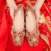 中式平跟婚鞋秀禾鞋婚纱两穿新娘，鞋红色平底结婚孕妇敬酒鞋不累脚