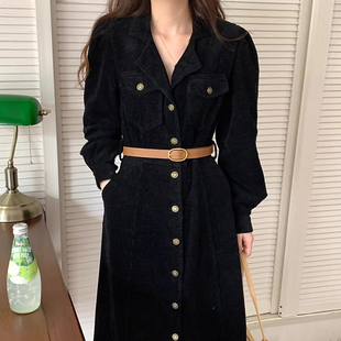 韩国chic秋季复古气质西装领口袋单排扣高腰显瘦加厚灯芯绒连衣裙