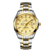 男防水表实心钢带士手表，双日历自动机械，商务圆形精钢白色国产腕表