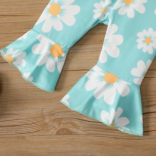 外贸INS婴幼儿女宝宝夏季款吊带纯色上衣花朵印花喇叭长裤套装潮
