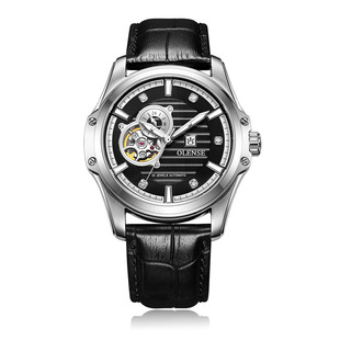 olense高档不锈钢真皮表带，手表全自动机械表男蓝宝石男士机械手表