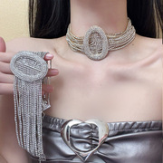 欧美夸张满钻项链女宽版皮带扣，造型多层时髦高级感choker颈链饰品