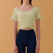 韩国大(韩国大)圆领，短款交叉运动瑜伽跑步弹力，吸汗紧身速干女短袖t恤