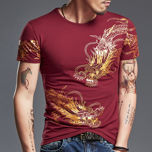 夏季个性短袖t恤男装霸气龙纹图案中国风印花半袖纹身上衣服