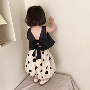 韩版女婴童套装宝宝夏装两件套洋气背心短袖，休闲波点灯笼裤薄款