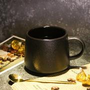 欧式创意简约黑色马克杯粗陶磨砂，陶瓷杯带勺学生家用办公咖啡水杯