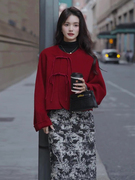 红色双面羊绒大衣女，2024初春品牌高端呢子新中式国风羊毛外套