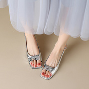 法式银色仙女风鱼嘴凉鞋女夏季2024年露趾细跟中跟气质高跟鞋