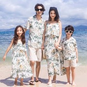 沙滩亲子装椰树菠萝，海边度假衬衫一家三四口母女装连衣裙短袖套装