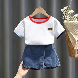 女童夏装短袖套装韩版儿童时髦一套衣服洋气女宝宝牛仔裙裤两件套
