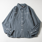 美式蓝白条纹衬衫，男日系复古重磅宽松休闲长袖工装衬衣咔叽外套