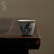 谷雨手绘青花品茗杯复古草木灰单杯主人杯，家用陶瓷功夫茶具茶杯