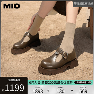 mio米奥2023秋季圆头，中跟小皮鞋复古丁字，式扣带玛丽珍单鞋女