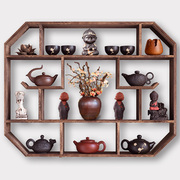 实木中式挂壁式博古架墙上客厅，置物架实木茶具茶壶架子挂墙博古架
