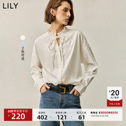 LILY新款女装法式优雅拉夫领蝴蝶结飘带棉质通勤长袖衬衫女