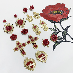 复古巴洛克宫廷风红色玫瑰，合金耳钉吊坠diy手工，饰品耳环配件材料